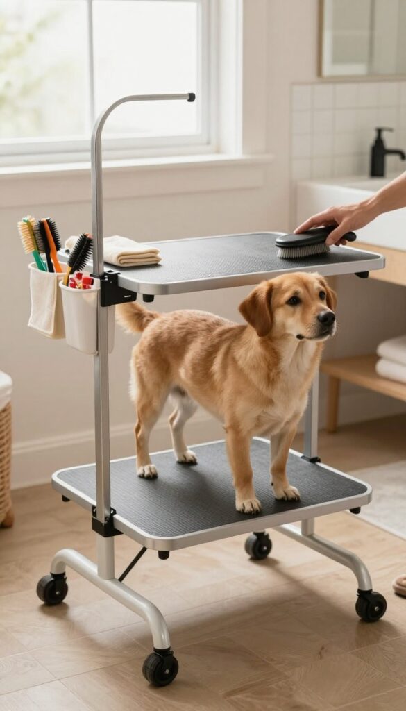 A portable dog grooming station in an apartment bathroom, showing a dog being brushed on a foldable table with organized grooming supplies.