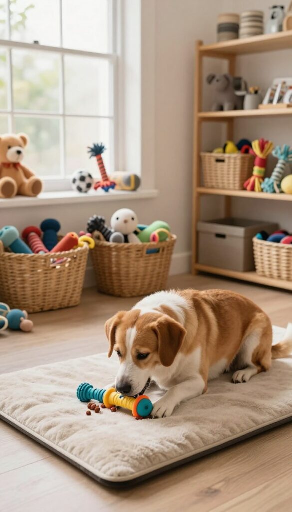 A dog in a grooming salon calmly chewing an interactive toy to reduce anxiety, with natural light and organized toy storage in the background.
