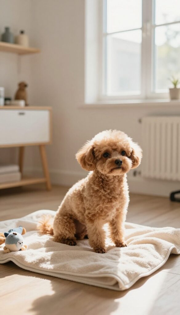 A small dog grooming room designed with calming elements like soft lighting and familiar toys to help an anxious Chihuahua or Toy Poodle feel relaxed during grooming.