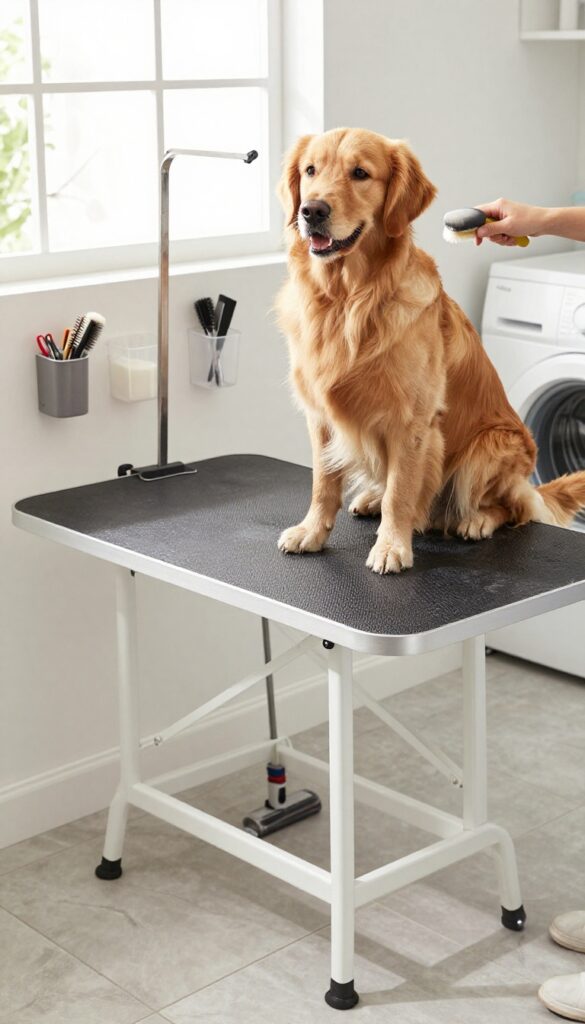 A laundry room grooming station with a dog on a foldable table and grooming tools on the wall.
