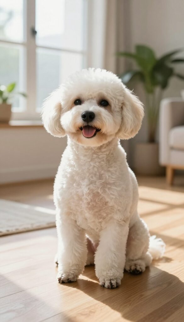A photorealistic image of a dog with a classic puppy cut in bright natural light, illustrating easy maintenance and a neat appearance for dog grooming inspiration.
