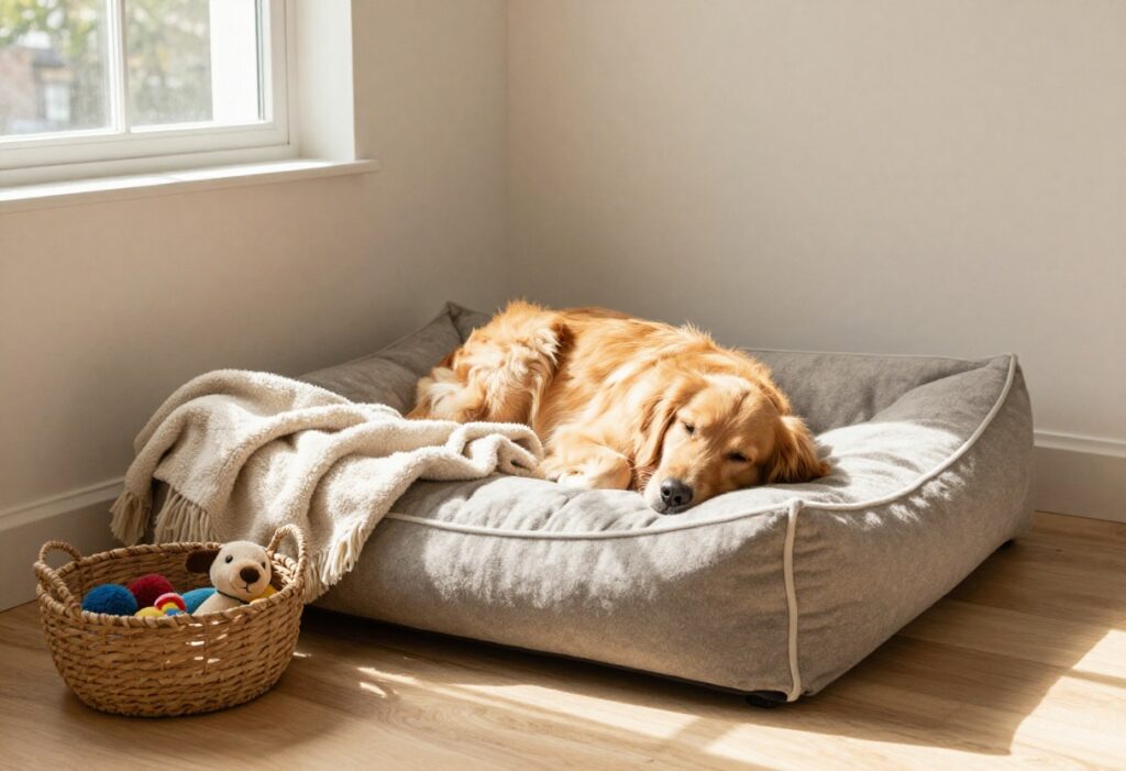 Cozy dog bedroom corner with a plush bed, blanket, toys, and a golden retriever resting in sunlight.