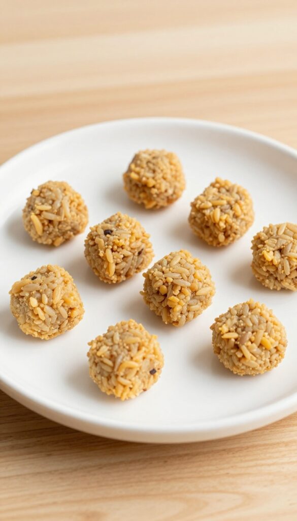 Homemade chicken and rice mini cubes for dogs, soft and dense treats arranged on a plain plate, ideal for sensitive stomachs, in a bright, clean setting.
