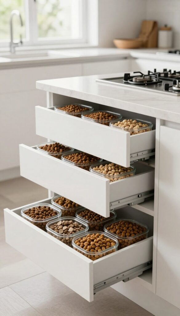 Hidden cabinets in a kitchen island with pull-out drawers containing dog food in airtight containers, showcasing stylish and organized storage in a bright, modern kitchen.