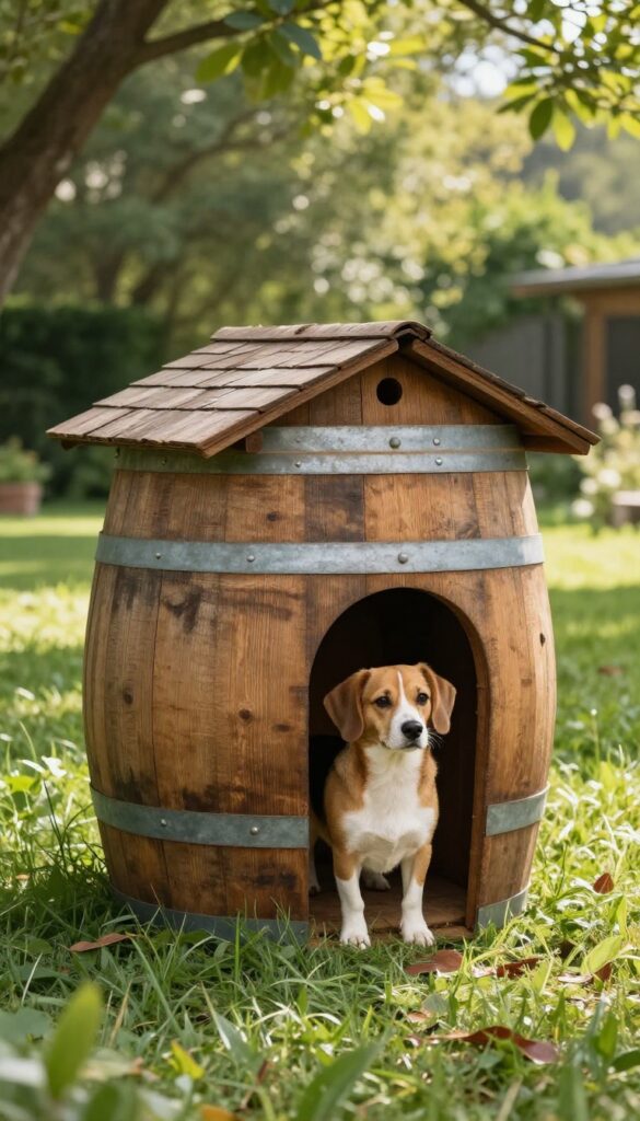 Classic wine barrel dog house in a sunny backyard with a dog peeking out.