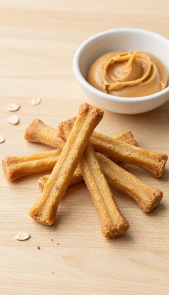 Homemade peanut butter sweet potato chews for dogs, arranged on a plain wooden surface with natural light, showing the treats' texture and simple ingredients.