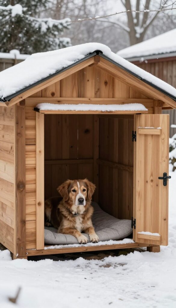 Heated dog house with windbreak entry flap door in snowy winter setting