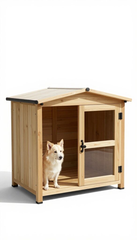 Modern modular dog house system with interlocking panels on a patio, one section for sleeping and one for play, with a dog inside.