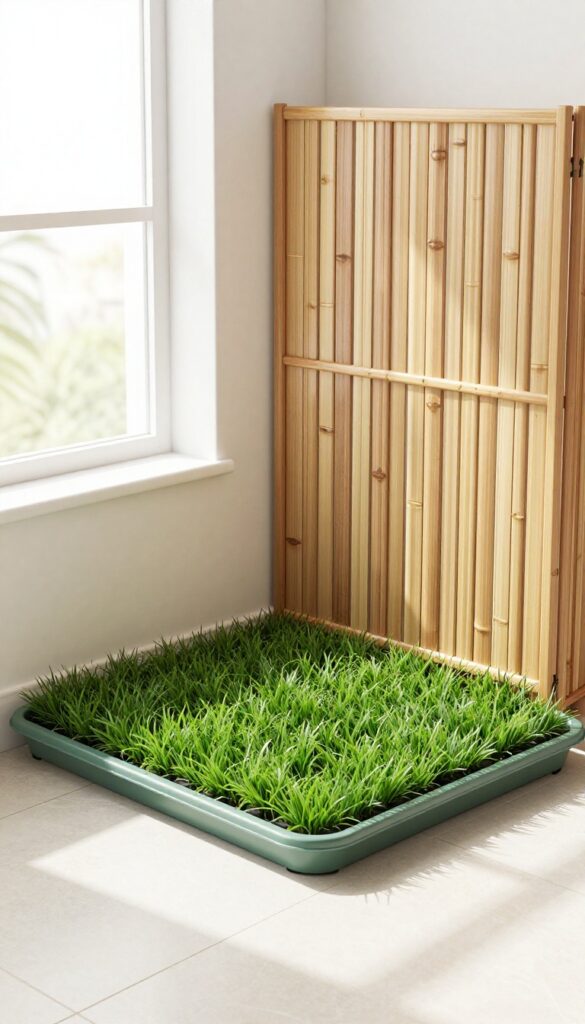 Indoor potty patch corner for dogs with artificial grass patch in tray, washable mat, and room divider, set in a bright apartment corner