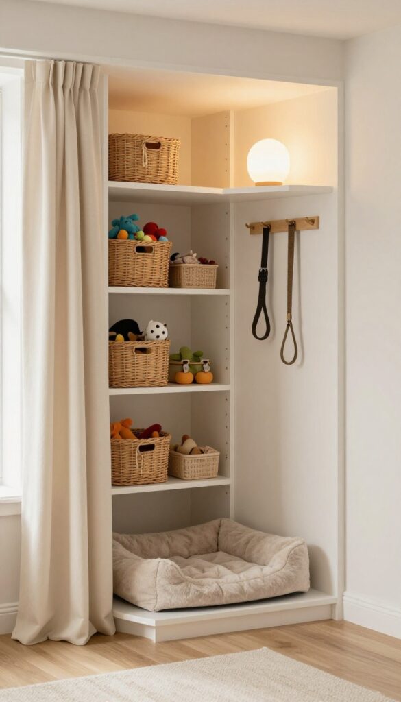Closet conversion dog suite with cozy bed and organized shelves