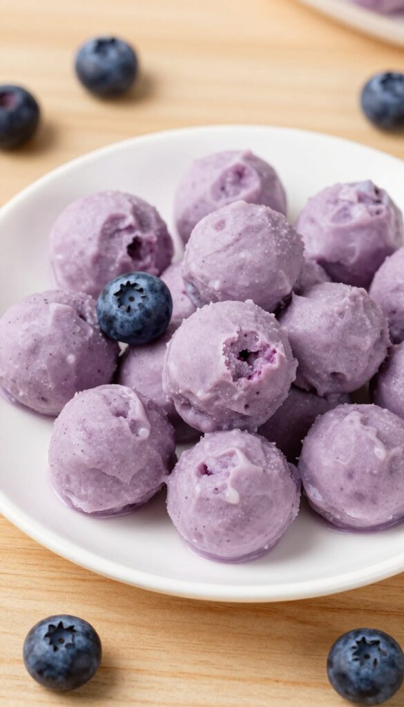 Homemade yogurt blueberry frozen drops for dogs, arranged on a plain plate with blueberries, in bright natural light.