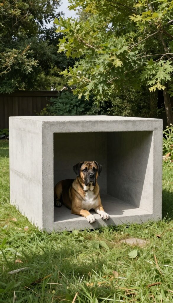Brutalist concrete dog house with large dog on flat roof in sunny backyard