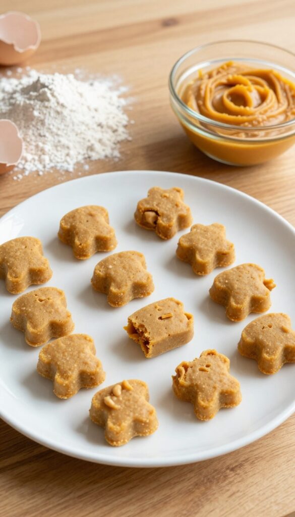 Homemade peanut butter pumpkin dog training treats, soft and bite-sized, arranged on a white plate with ingredients like whole wheat flour and eggshell nearby, in a bright, natural setting for a dog recipe blog.