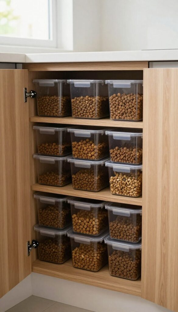 Custom-built kitchen cabinet with integrated dog food storage, showing pull-out shelves and clear containers in a tidy, well-lit modern kitchen
