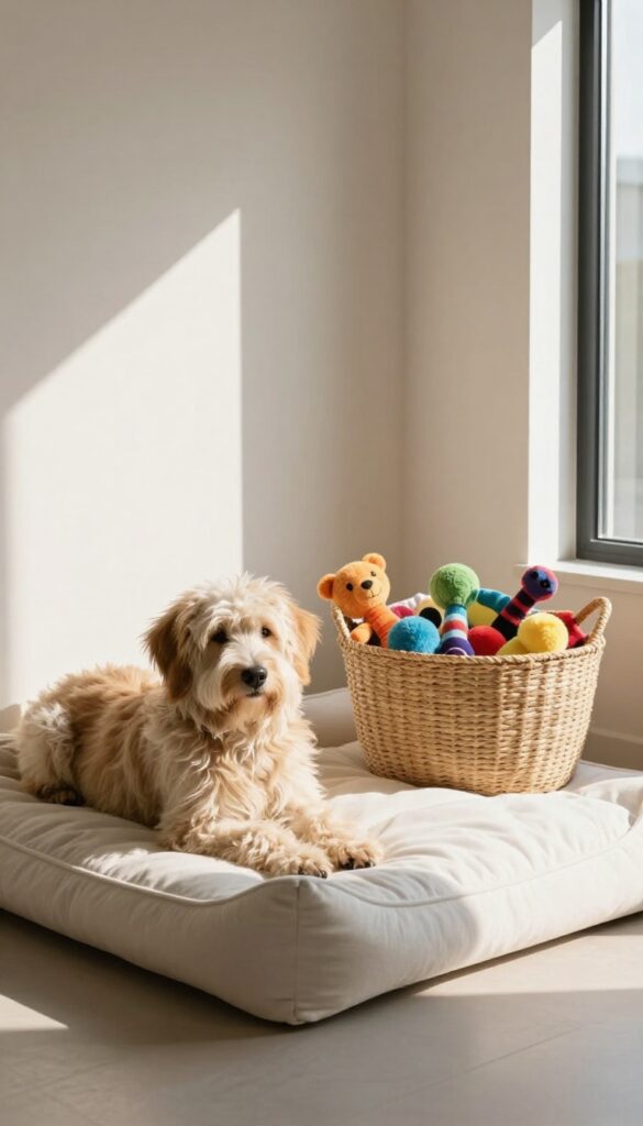 Dog lying on bed next to toy storage basket within paw's reach