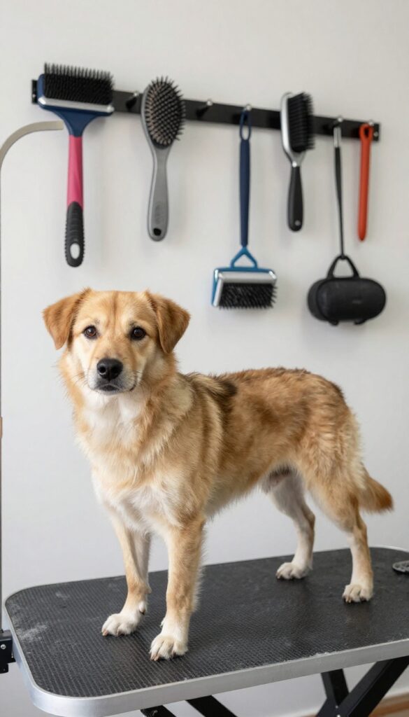 A realistic photo of an organized multi-breed dog grooming station at home, showing tools sorted by coat type and a calm mixed-breed dog on a non-slip mat in natural light.
