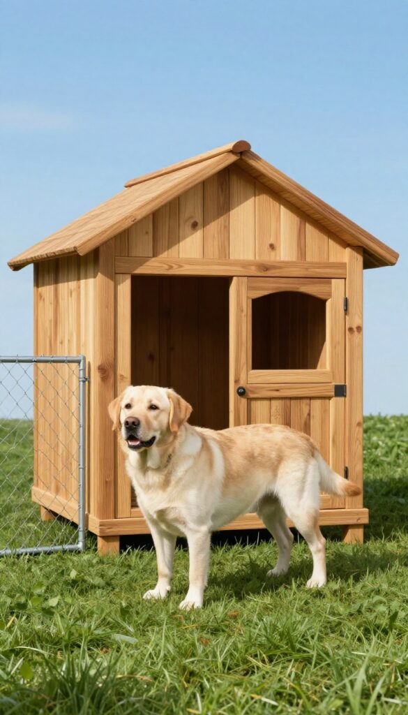 Large dog house with attached chain-link run in a sunny backyard, Labrador Retriever inside the run.
