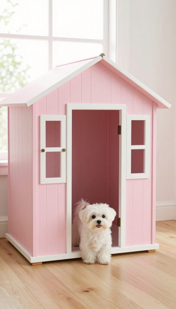 Soft pink dog house with white trim indoors, small white dog peeking out
