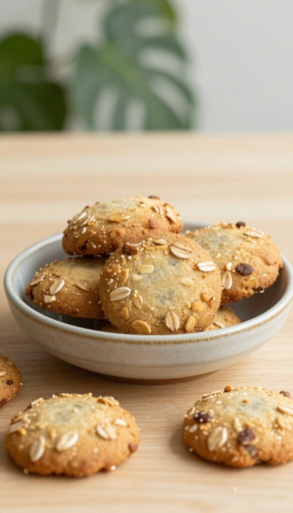 A close-up of sweet potato oat crunch dog treats, showing their homemade texture and natural ingredients, arranged in a simple bowl on a wooden surface.