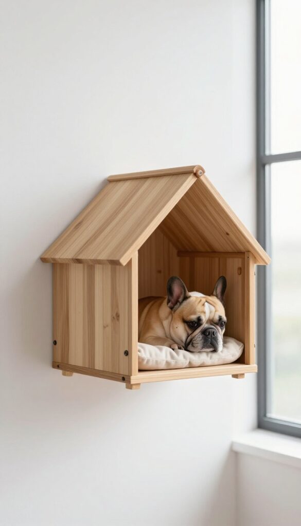 Wall-mounted dog house with small French Bulldog inside in a bright apartment