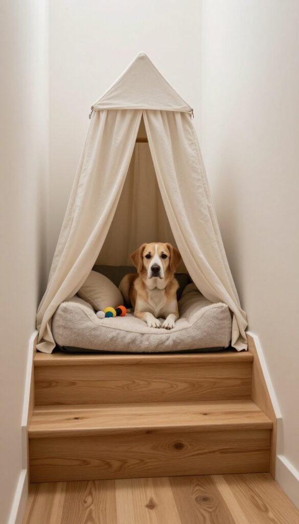 Cozy under-stairs dog den with plush bed and curtain