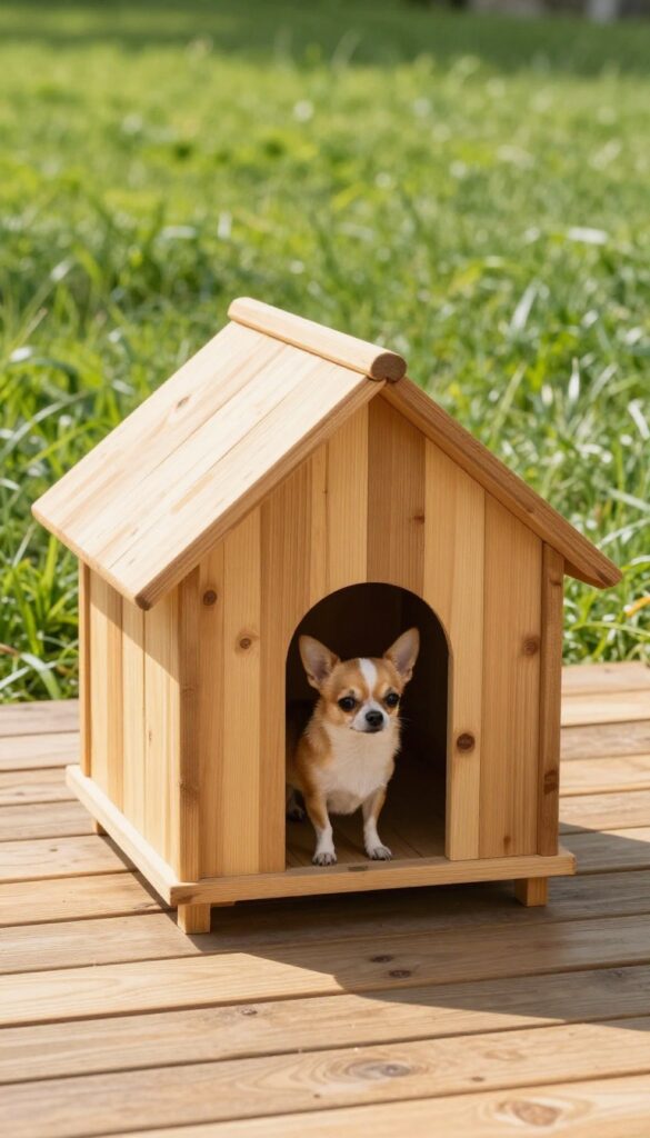 Small A-frame dog house for tiny breeds on a sunny patio with a Chihuahua at the entrance