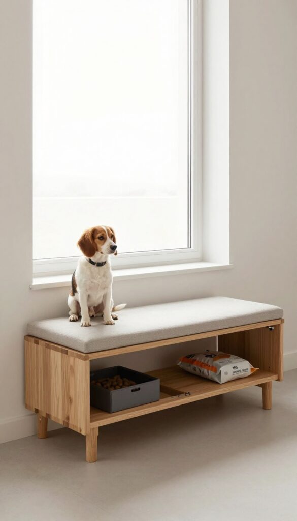 A photorealistic image showing a wooden bench with a hidden compartment storing dog food in a bright, tidy living room, with a dog nearby, illustrating multi-purpose furniture for small homes.