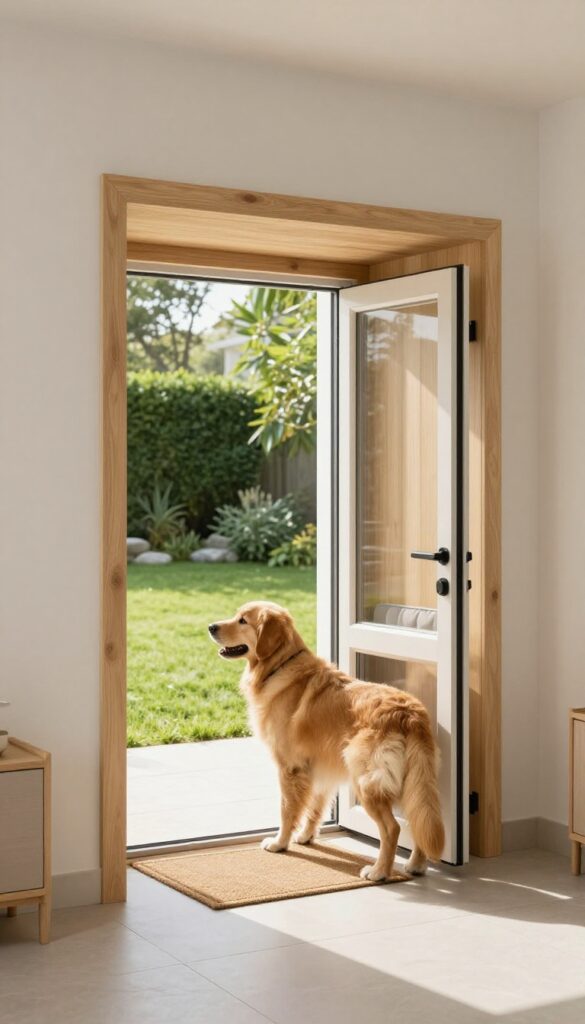 Indoor-outdoor dog house with dog door, Golden Retriever going outside, clean tiled floor
