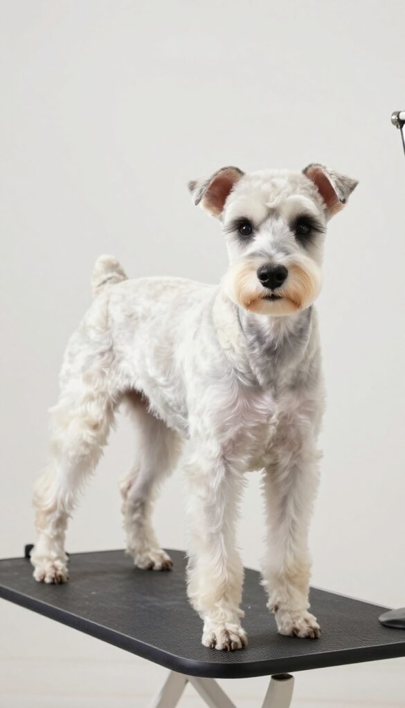 A Schnauzer with a minimalist haircut in a bright room, illustrating a simple and cost-effective grooming style for dog owners.