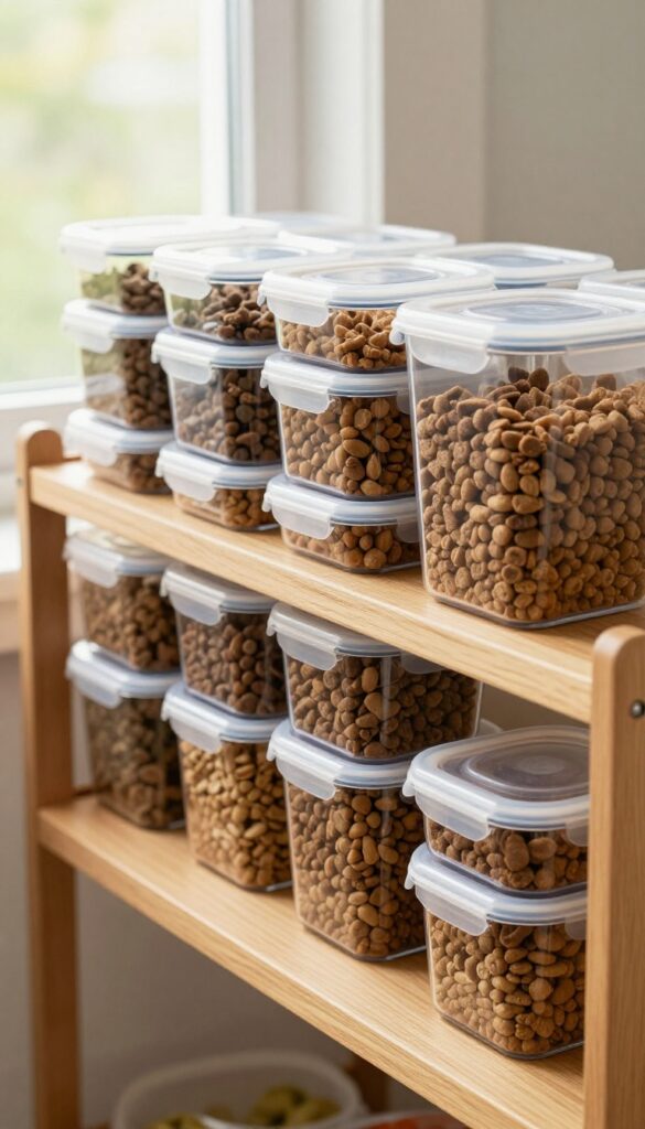A lazy Susan turntable on a pantry shelf holding multiple clear containers of dog food for rotating storage.