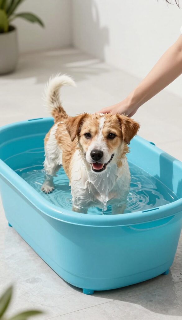 Portable foldable dog bath tub on a patio with a dog inside being bathed