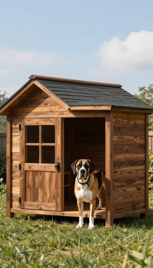 Large custom-built wooden dog house for a Great Dane in a sunny backyard