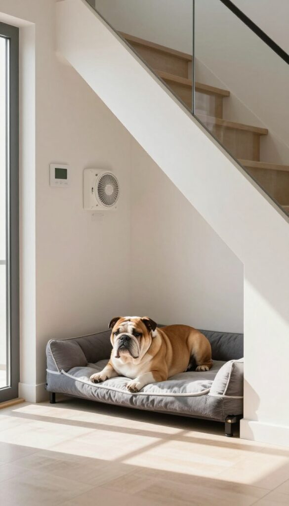 Tech-integrated climate-controlled under-stair dog kennel with thermostat and fan, Bulldog resting on bed