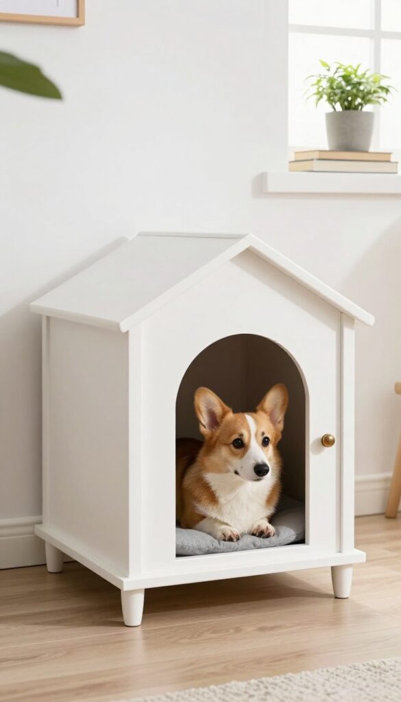 Repurposed nightstand dog house with a Corgi peeking out in a bright apartment