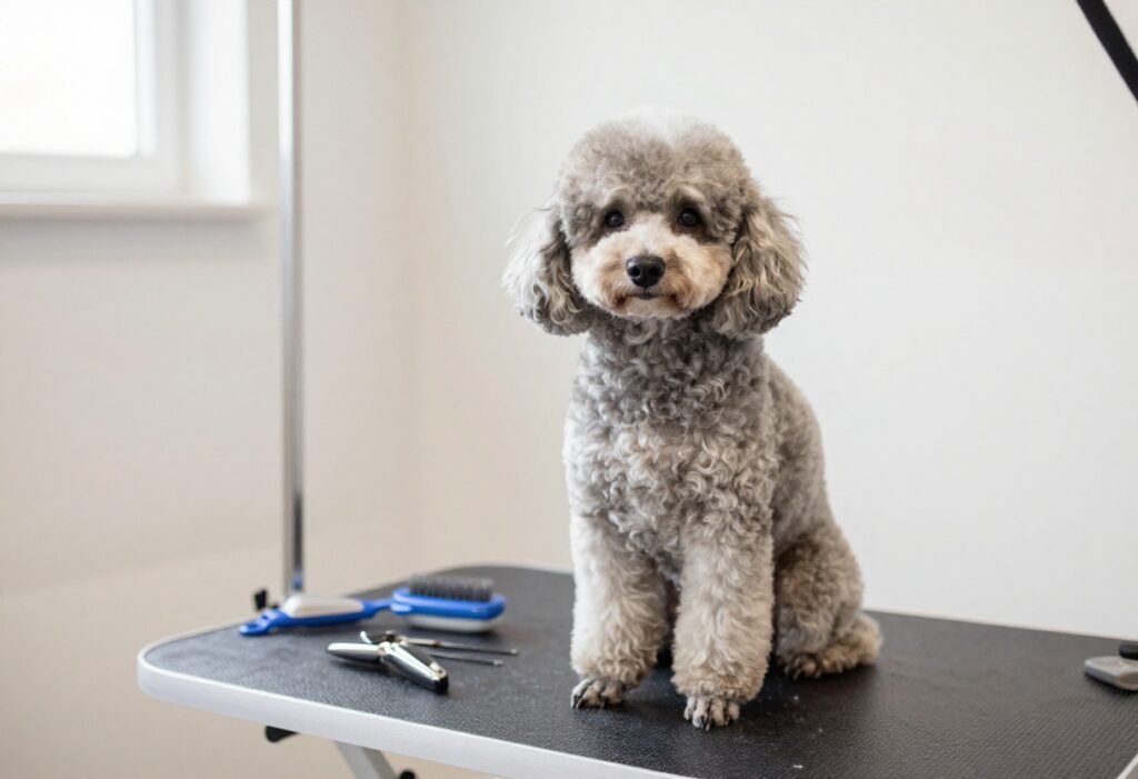 A poodle with a timeless grooming style in a home setup, showcasing practical dog care tools in a friendly environment.
