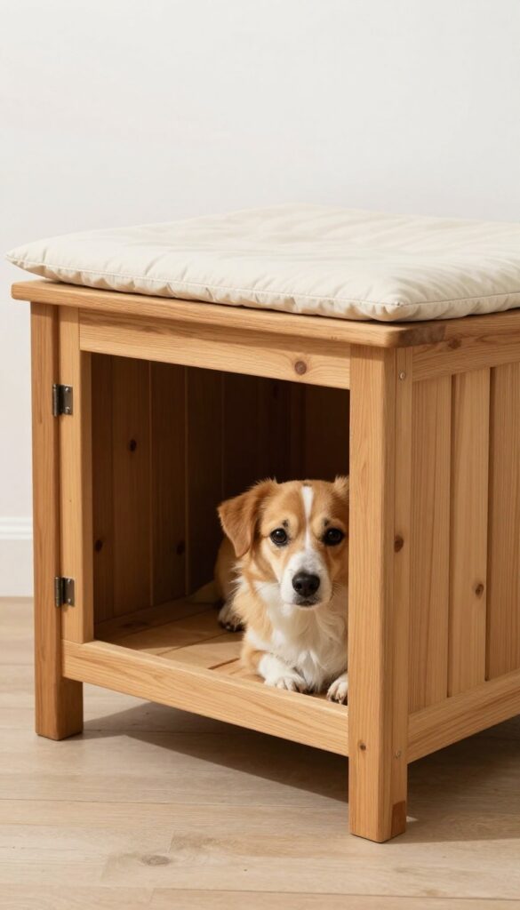 Built-in bench dog house on a patio, dog peeking out from under the bench