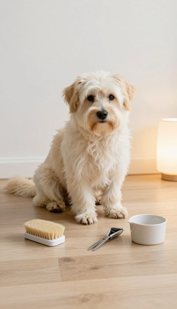 A calm dog grooming setup with soft lighting, showing a relaxed dog and plain grooming tools on a clean surface, designed to reduce stress during at-home grooming sessions.