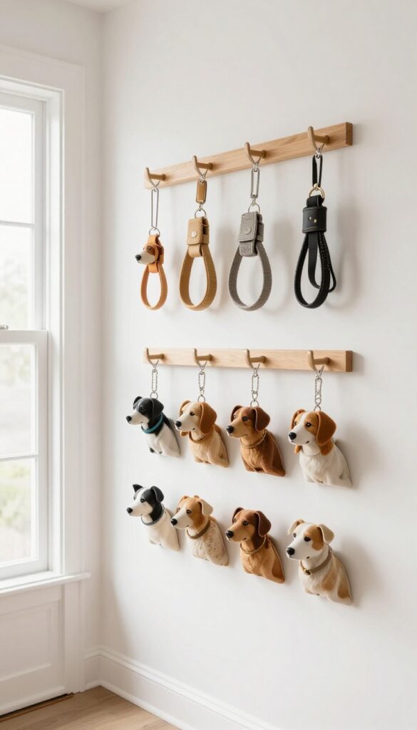 A wall-mounted leash and collar organizer in a tidy entryway, with leashes and collars hanging neatly on hooks in bright natural light.
