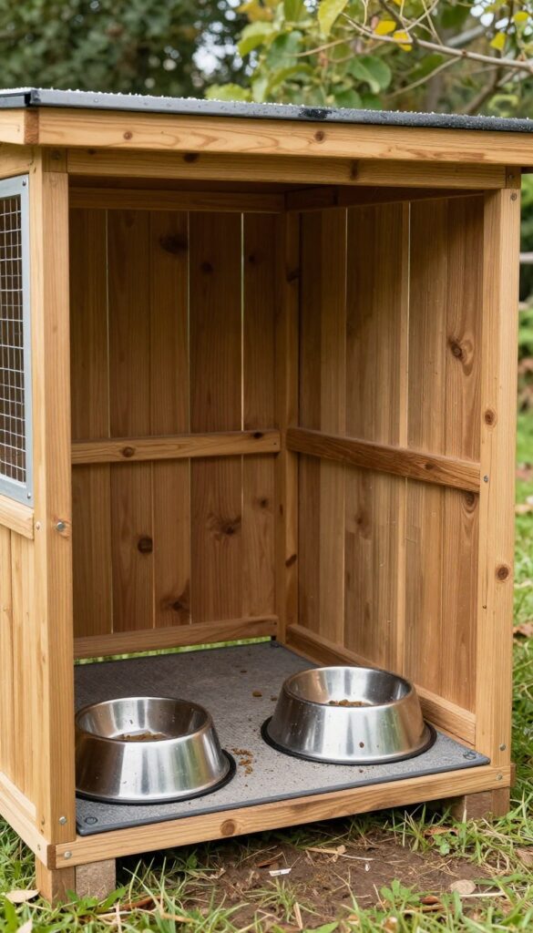Outdoor dog feeding station with covered storage and bowls in a sunny yard setting