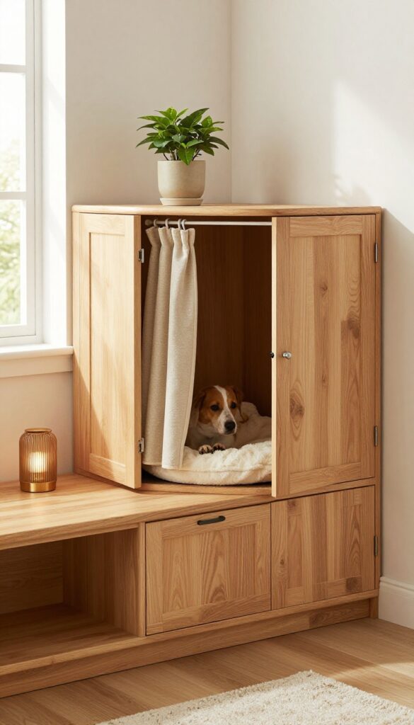 Built-in crate nook with cabinet and bench, dog bed inside, living room decor