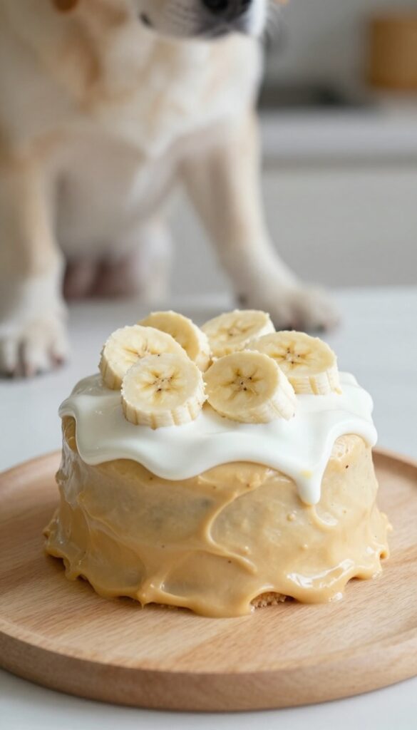Homemade peanut butter banana dog birthday cake with yogurt frosting on a wooden table, dog paw touching the cake