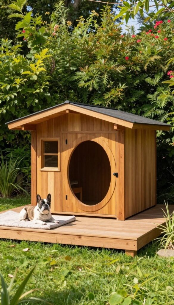 Mid-century modern dog house with sun deck and French Bulldog lounging outside