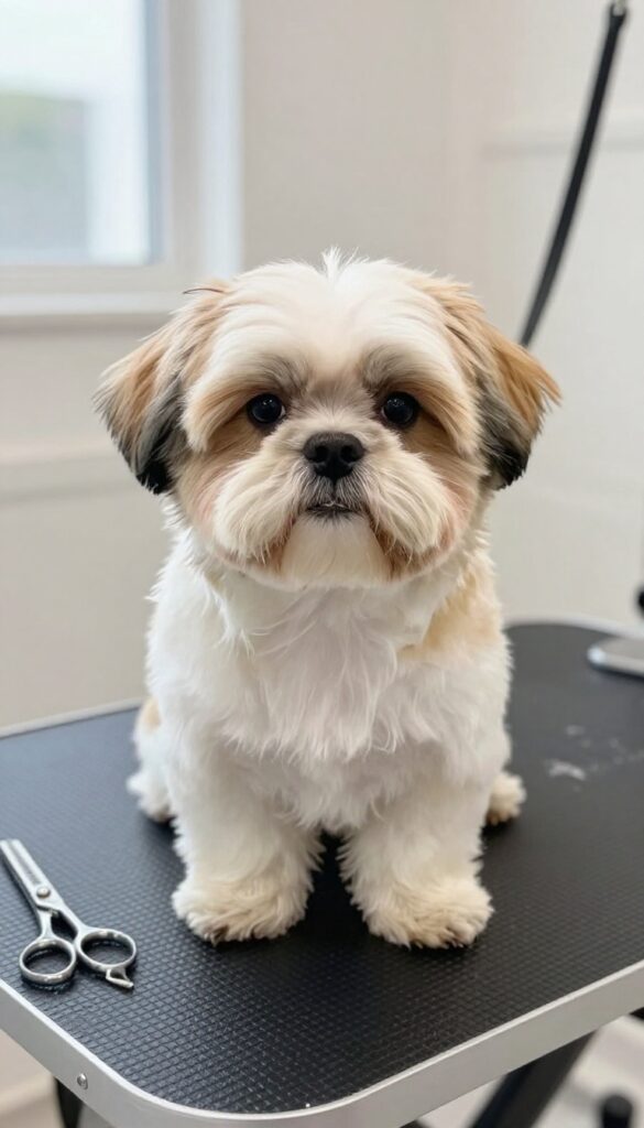 A photorealistic Shih Tzu with a teddy bear grooming style on a non-slip mat in natural light, illustrating easy-to-maintain professional cuts for long-haired dogs.