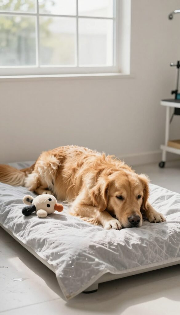 A fluffy Golden Retriever relaxing on a soft bed in a cozy corner of a backyard grooming shed after grooming, with natural light and no clutter.