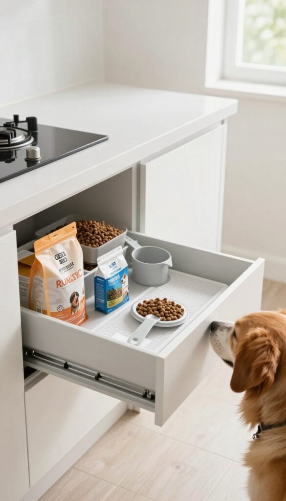 A pull-out drawer for dog food storage in a kitchen, showing organized feeding essentials like a scoop and kibble in bright natural light.