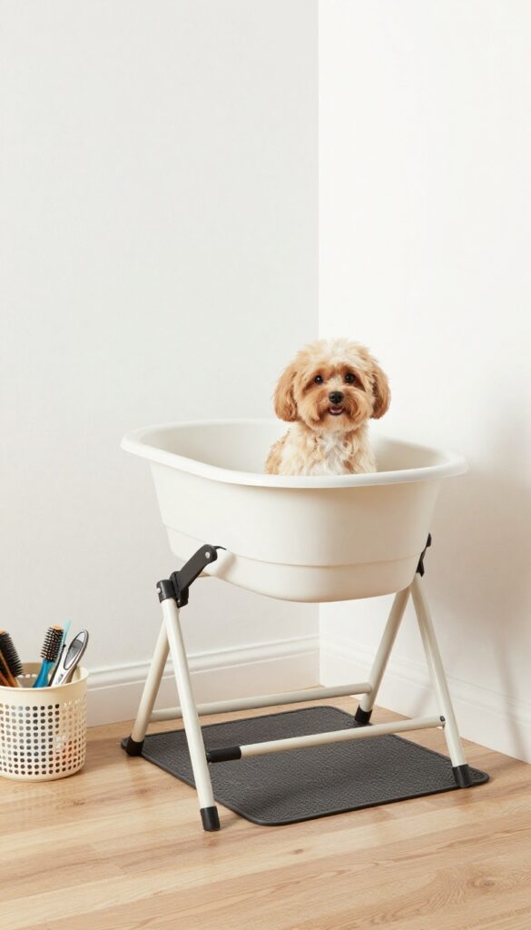 A photorealistic scene showing a foldable dog grooming corner in a bright home setting, featuring a small dog being bathed in a collapsible tub on a foldable table with organized supplies nearby.