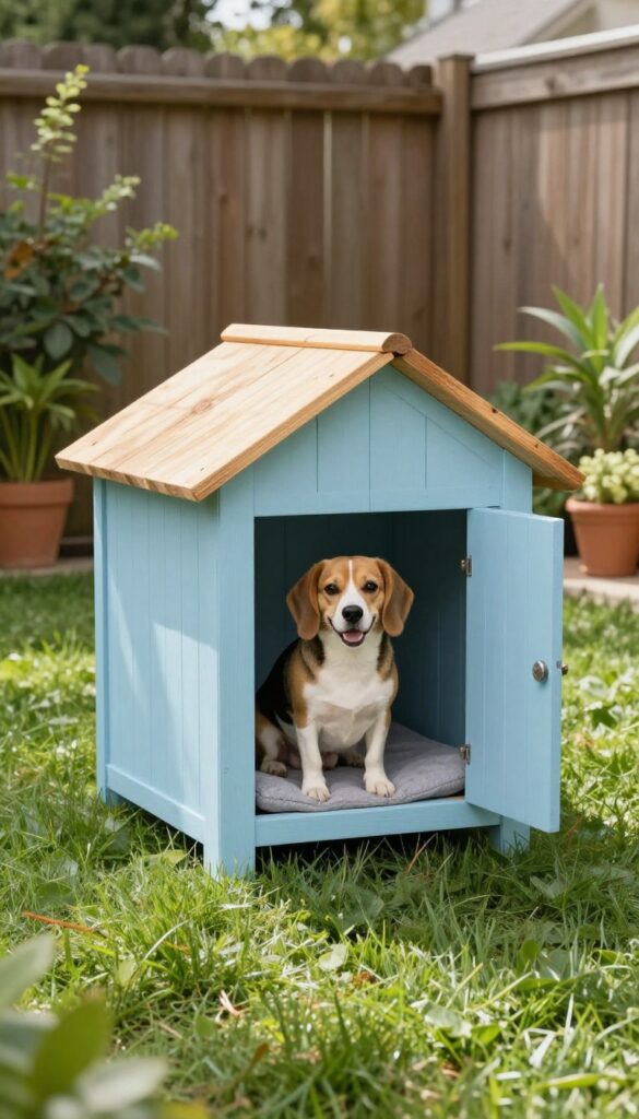 Repurposed nightstand dog house in a sunny backyard with a beagle sitting in front