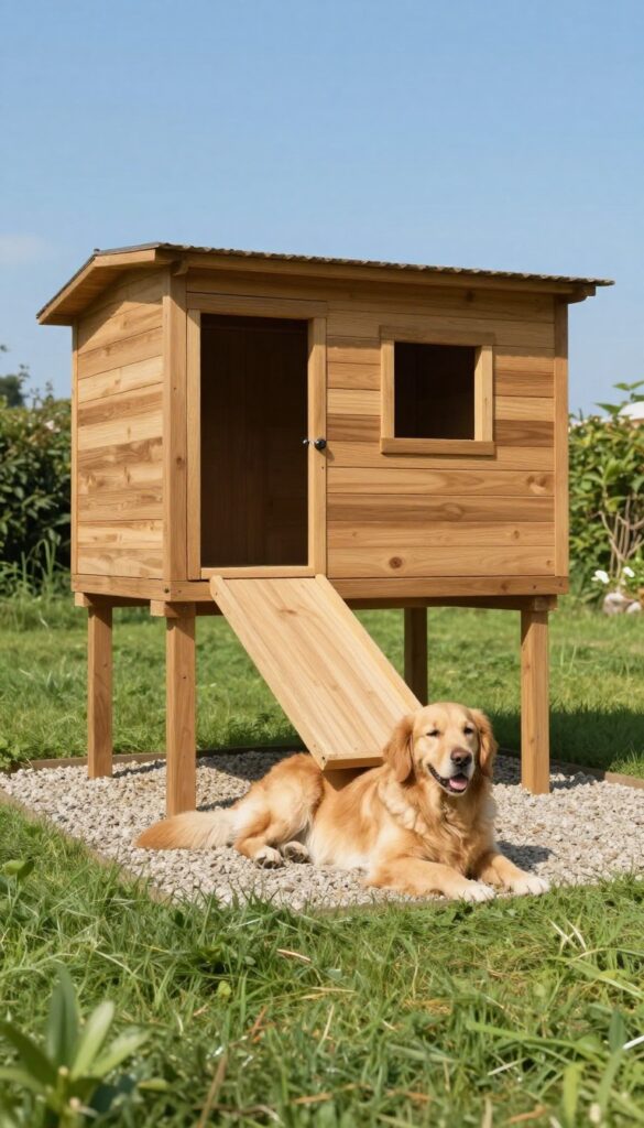 Elevated wooden dog house in backyard with ramp and golden retriever resting underneath