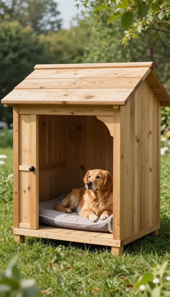 Rustic wooden dog house with a covered porch in a sunny backyard, featuring a golden retriever relaxing on an outdoor dog bed.
