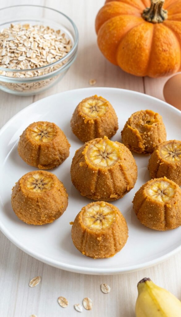 Homemade soft pumpkin banana dog treats with pantry ingredients, arranged on a plain plate with natural light, showing a close-up of the moist texture and simple, unlabeled props for a dog recipe blog.